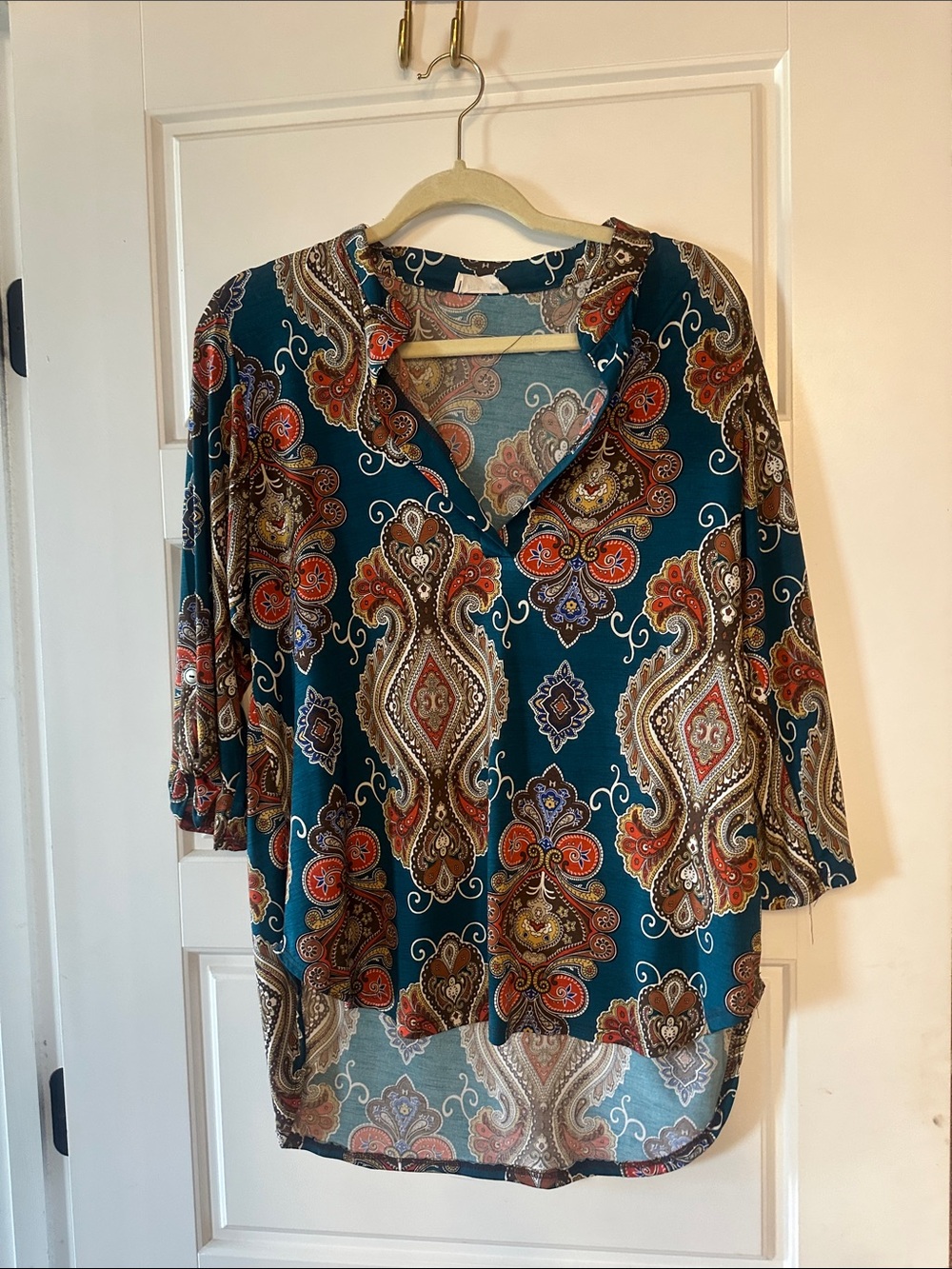 Teal Paisley V-Neck Blouse with Multicolor Print